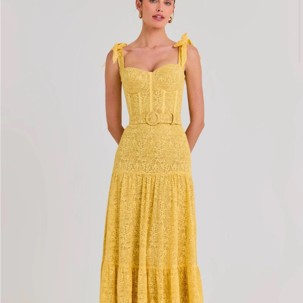 NWT Nadine Merabj Miranda Yellow Lace Tie-Shoulder Maxi Dress